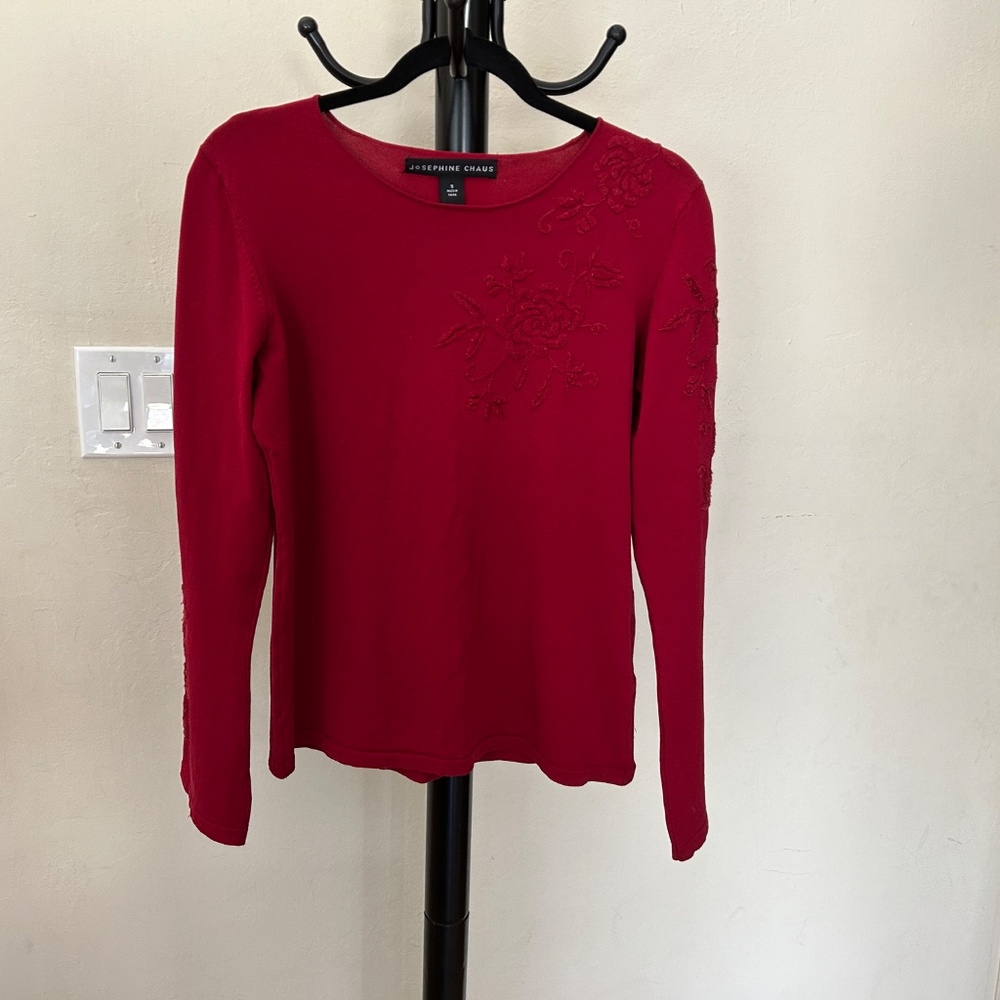 Washable Silk Knit Floral Embroidered Long Sleeve Blouse
